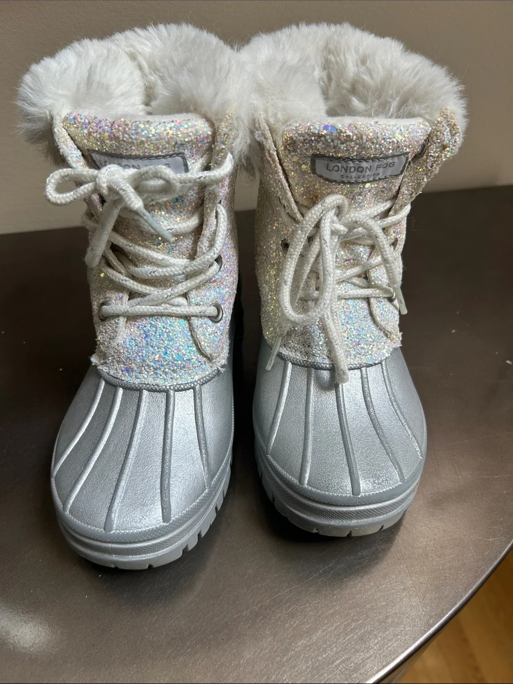London Fog Girls' Silver Glitter Faux-Fur Snow Boots